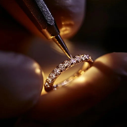 Jeweler repairing a diamond band under a warm light